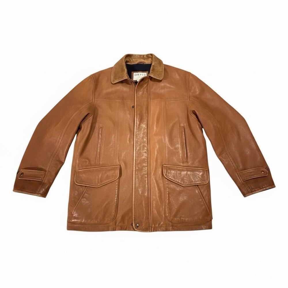 Orvis Arrow Leather Long Sleeve Full Zip Barn Chore Jacket Brown Men's Size 46